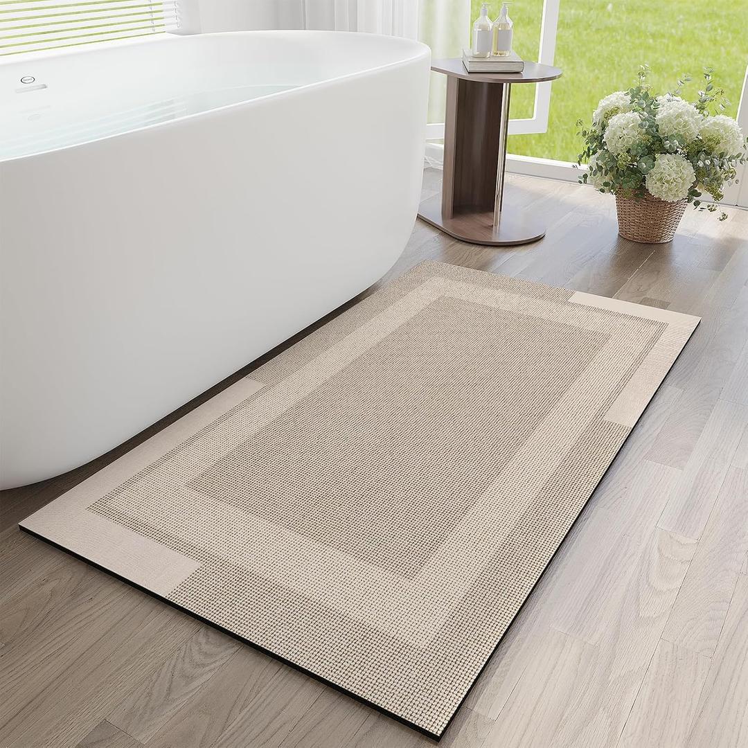 YDKGL Non Slip Long Bath Mat Bathroom Runner, Rubber Backing Ultra Thin Bathroom Rugs Fit Under Door Quick Dry Super Absorbent Washable Bath Rug Shower Mat for Bathtub Sink Floor, Beige 24"x48"