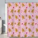 GPGHE Pink Christmas Gingerbread Decorations Shower Curtain Holiday Bathroom Gingerbread Man Curtain with 12 Hooks 71x71 Inch
