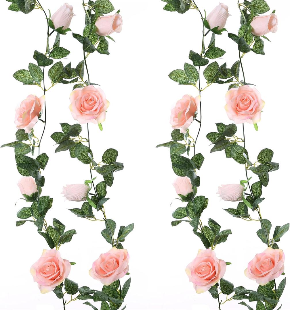Felice Arts 2 Pack Pink Artificial Rose Garland Each 6.5FT Fake Rose Vine Hanging Floral Garland for Wedding Swing Table Centerpiece Arrangement Decor