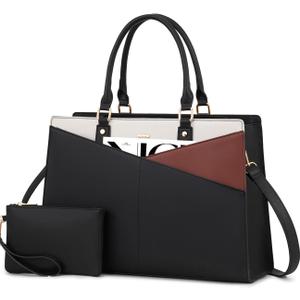 LOVEVOOK Laptop Tote Bag for Women, Leather Business Office Work Bag Computer Briefcase with Small Clutch fit for 15.6 Inch Laptop, Black-Brown-Beige
