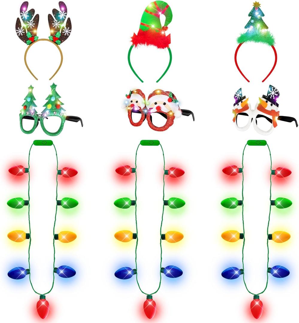 9PCS Christmas Party Favors, Light Up Christmas Necklace Headband Glasses Set, Xmas Bulb Necklace Antler Tree Lights Holiday Headbands LED Flashing Glow Santa Eyeglasses Bulk for Christmas Gift