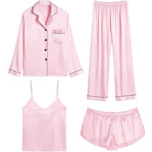 SWOMOG Women Satin Pajamas 4pcs Pajama Set Sexy Cami Shorts Set and Button Down Long Sleeve Pjs Loungewear Sleepwear (Pink, XXL)