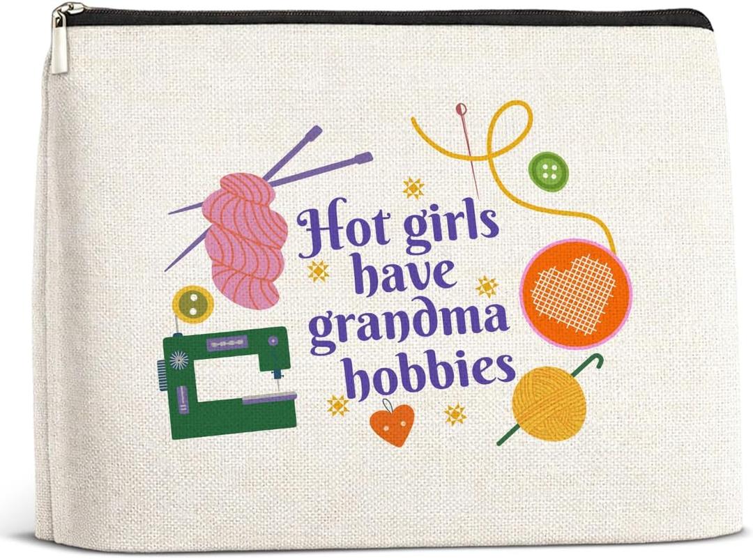 Crochet Knitting Sewing Makeup Bag for Women, Funny Gifts for Needlepoint Knitter Sewist Lovers Friends Sister Mom, Hot Girls Have Grandma Hobbies Cosmetic Bag with Zipper