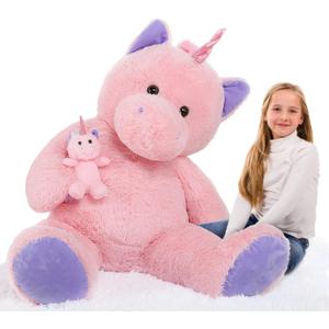 MorisMos Giant Stuffed Unicorn 4 Foot, 51'' Giant Unicorn Stuffed Animal with Baby Pony Doll for Girl Boy Kid Mother, Jumbo Pink Stuffed Animal for Baby Shower Birthday Christmas Valentines
