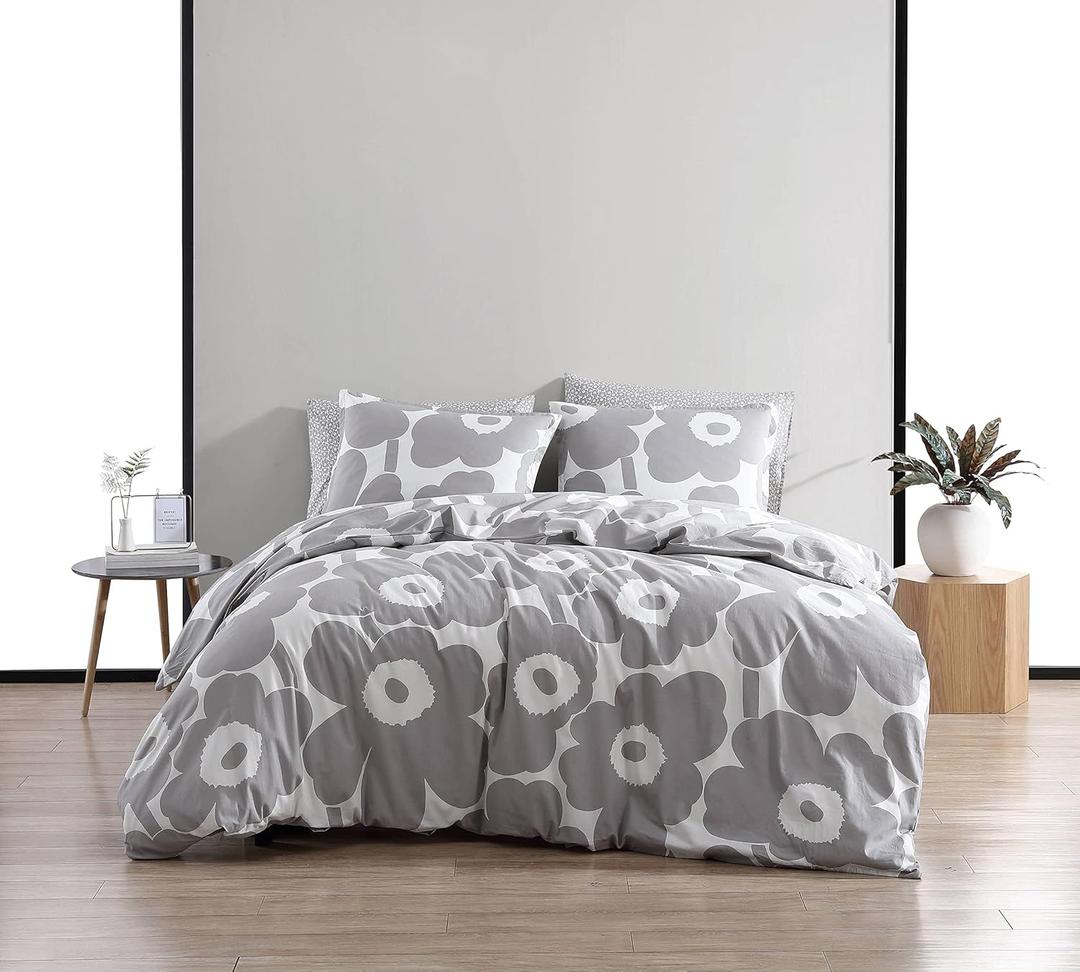 Marimekko - Duvet Cover Set, Cotton Bedding with Matching Shams & Button Closure, All Season Home Decor (Unikko Grey, Full/Queen)