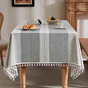 ZeeMart Contrast Linen Table Cloth Rectangle Table Cloths 60x120 Inch Mid-Stripe Grey, Farmhouse Style Heavy Weight Grey Tablecloth, Water Resistant Burlap Tablecloths