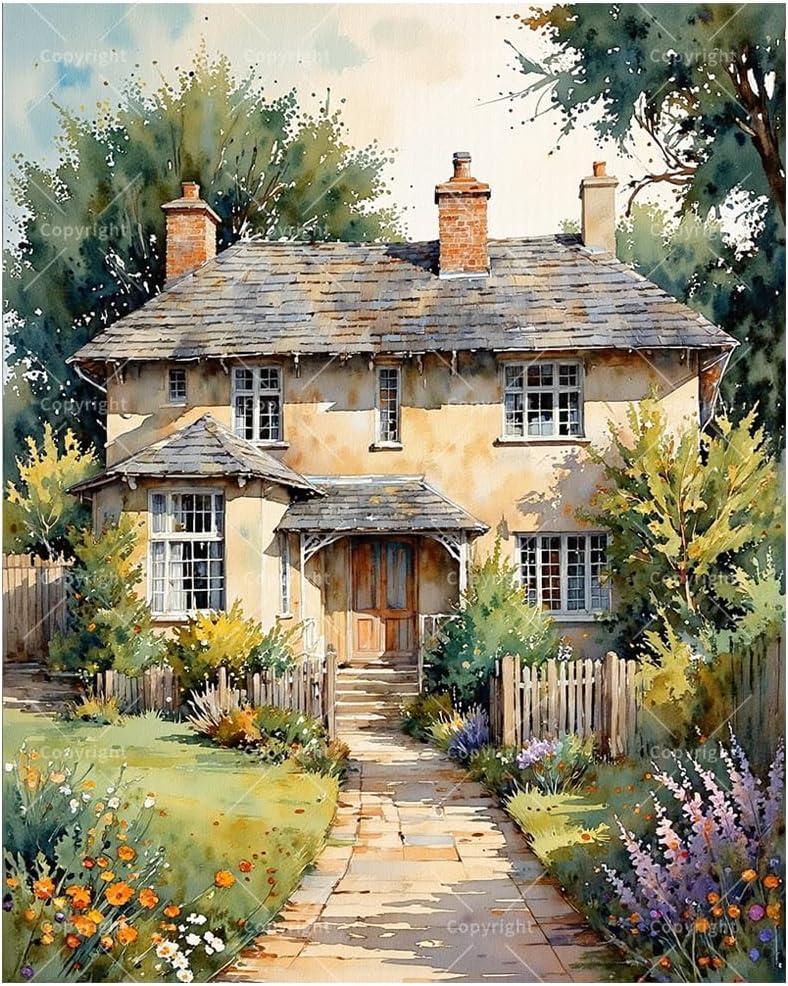 Cottage House Paint by Numbers Kit for Adults - DIY Charming Country Home with Garden Path Painting on Canvas 16x20In, Framed Acrylic Paint Set, Suitable for Beginners, Scenic Art for Home Decoration