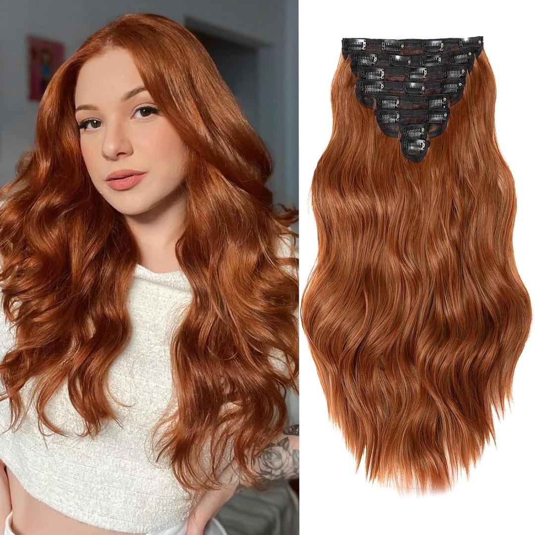 Clip in Hair Extensions for Women, 20 Inch Wavy Copper Hair Extensions Clip Ins, 8PCS Synthetic Soft Lace Weft Hairpieces for Women