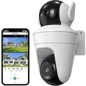 5MP Outdoor Security Camera Dual Lens, 2.4Ghz WiFi Cameras for Home Security, 360PTZ 2.5K Surveillance Camera with Motion Detection Tracking/2-Way Audio/Color Night Vision/Wired/Waterproof(White)