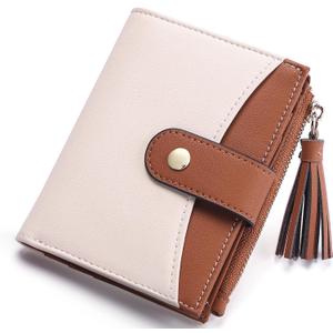 Small Wallet for Women RFID Blocking Tassle Bifold Slim Thin Leather Wallet Credit Card Holder Wallet Ladies Mini Wallet with Widened Zipper Pocket (1Beige&Brown)