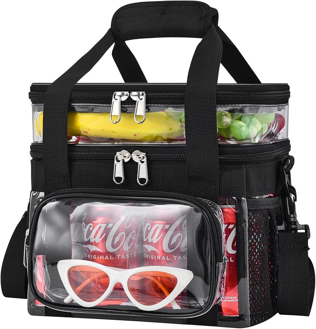 Clear Lunch Bag - Large Clear Lunch Bag for Work Double-Deck Reusable Lunch Bag with Adjustable Strap, Front Pocket and Top Compartment for Picnic, Beach, Work, School2-3 People Use
