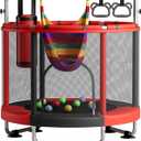 55" Trampoline for Kids with Enclosure, 440lbs Capacity Indoor & Outdoor Toddler Trampoline with Adjustable Gymnastics Bar & Toys, for Boys & Girls (Red)