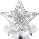Sumind 9.8 x 11.8 Inch Christmas Star Tree Topper Glittered Star Metal Plug in Treetop Ornaments with Bow and 30 LED String Light for Christmas Tree Indoor Holiday Party Decoration(Silver)
