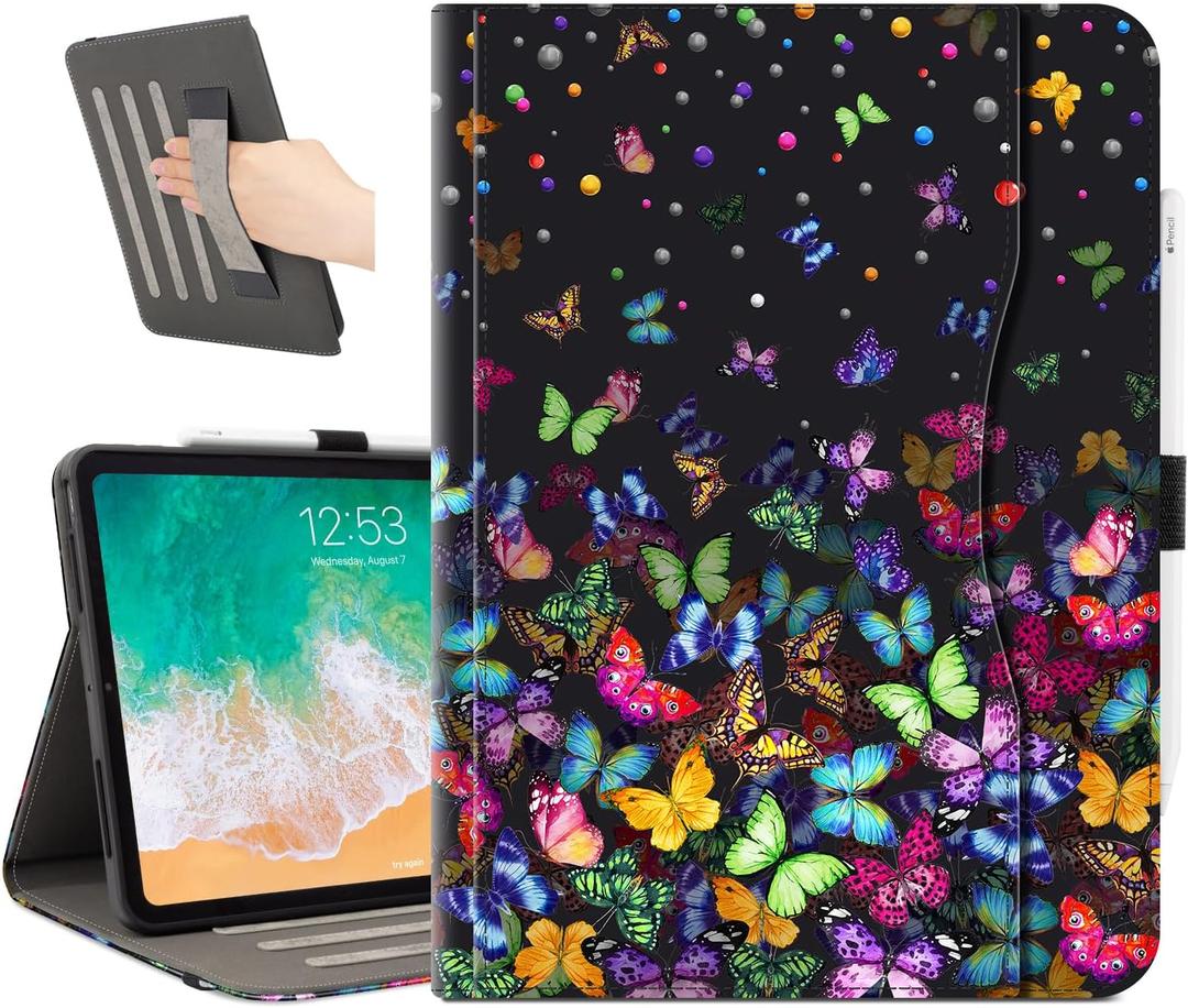 Lalumix for iPad Air 13 Inch Case Black, for iPad Air M3/M2 13 Inch Case 2025/2024 Pencil Holder/Hand Strap/Pocket/Anti-Skid Stripes, Auto Wake/Sleep, Colorful Butterfly