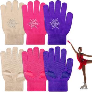 Jiuguva 3 Pairs Ice Skating Gloves Figure Skating Accessories Gloves with Snowflake Rhinestone for Kid Girl, One Size (Skin Color, Purple, Pink)