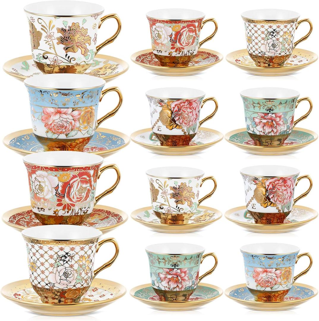 Teenyyou Set of 12 Tea Cups and Saucers Tea Party Decorations Floral Porcelain 7.4 oz British Gift for Women Birthday Party, Church, and Mother's Day (Stylish Style)
