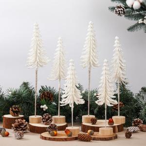 Jetec 6 Pcs Mini Christmas Tree Small Alpine Trees Tabletop Artificial Pine Christmas Tree with Wooden Base Snow Frost Village Bottle Brush Trees Holiday Season Decoration Centerpiece Displays