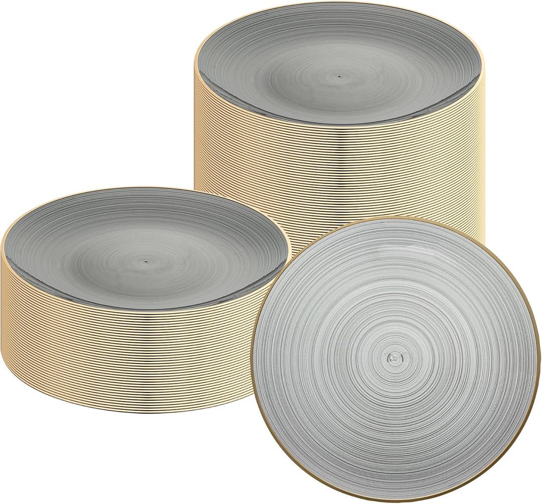 Restaurantware Plastic Plates 100 Pack of 10.1 Inch Plastic Party Plates Gold-Rim Design Round Elegant Table Setting Dinnerware, 10" - 100 Count