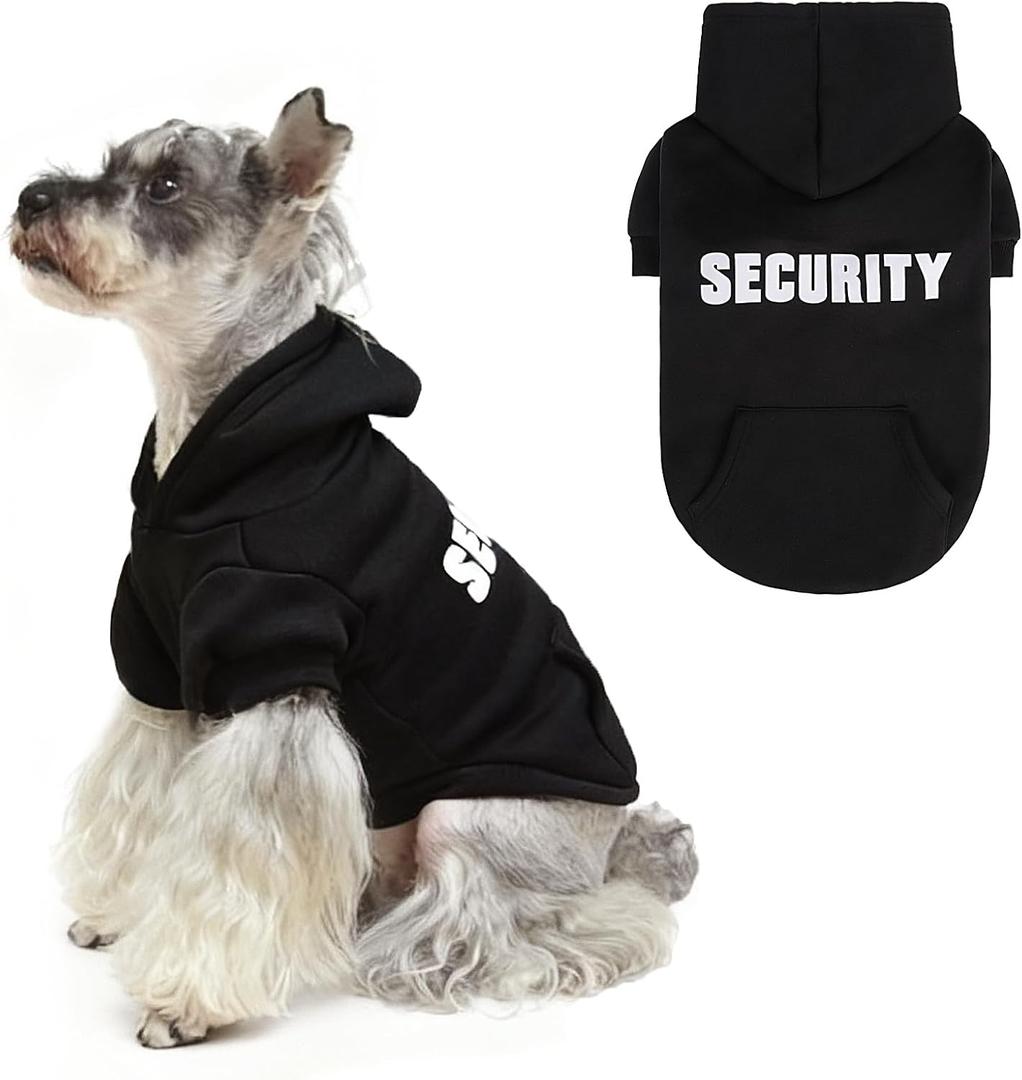 PUPTECK Security Dog Hoodie, Soft Warm Winter Pet Sweater Clothes, Puppy Cold Weather Coats Hooded Sweatshirt with Pocket, Dog Halloween Costume for Small Medium Dogs (Black)