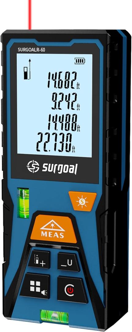 Laser Distance Meter 196ft  Digital Laser Measuring Tool with LCD Backlit Display, Area Volume Pythagorean, 2mm Accuracy, Class II, Electronic Tape Measure for DIY Construction  AAA Battery Powered