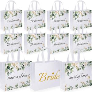 Set of 12 Greenery Eucalyptus Bridesmaid Tote Bags Large Reusable Bridal Shower Gift Bags with Handle for Wedding Bridal Shower Proposal Bachelorette Supplies 11.8 x 3.9 x 9.8 Inch