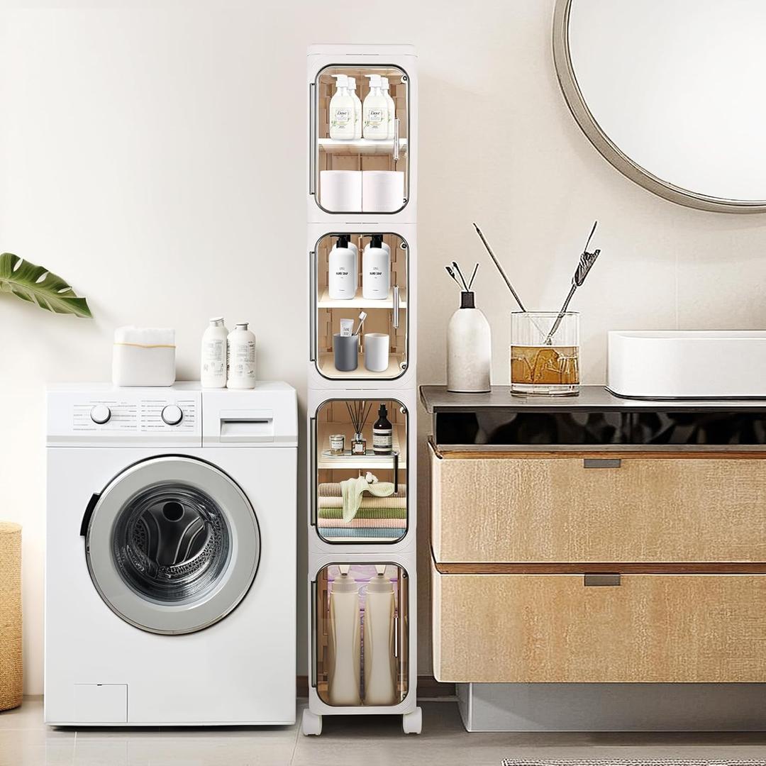 Hobetta 4-Tier 96QT Slim Bathroom Storage Cabinet, Tall Narrow Storage Cabinet with Doors and Adjustable Shelves, Wheels, Stackable & Collapsible Plastic Organizer for Small Spaces, Bathroom, White