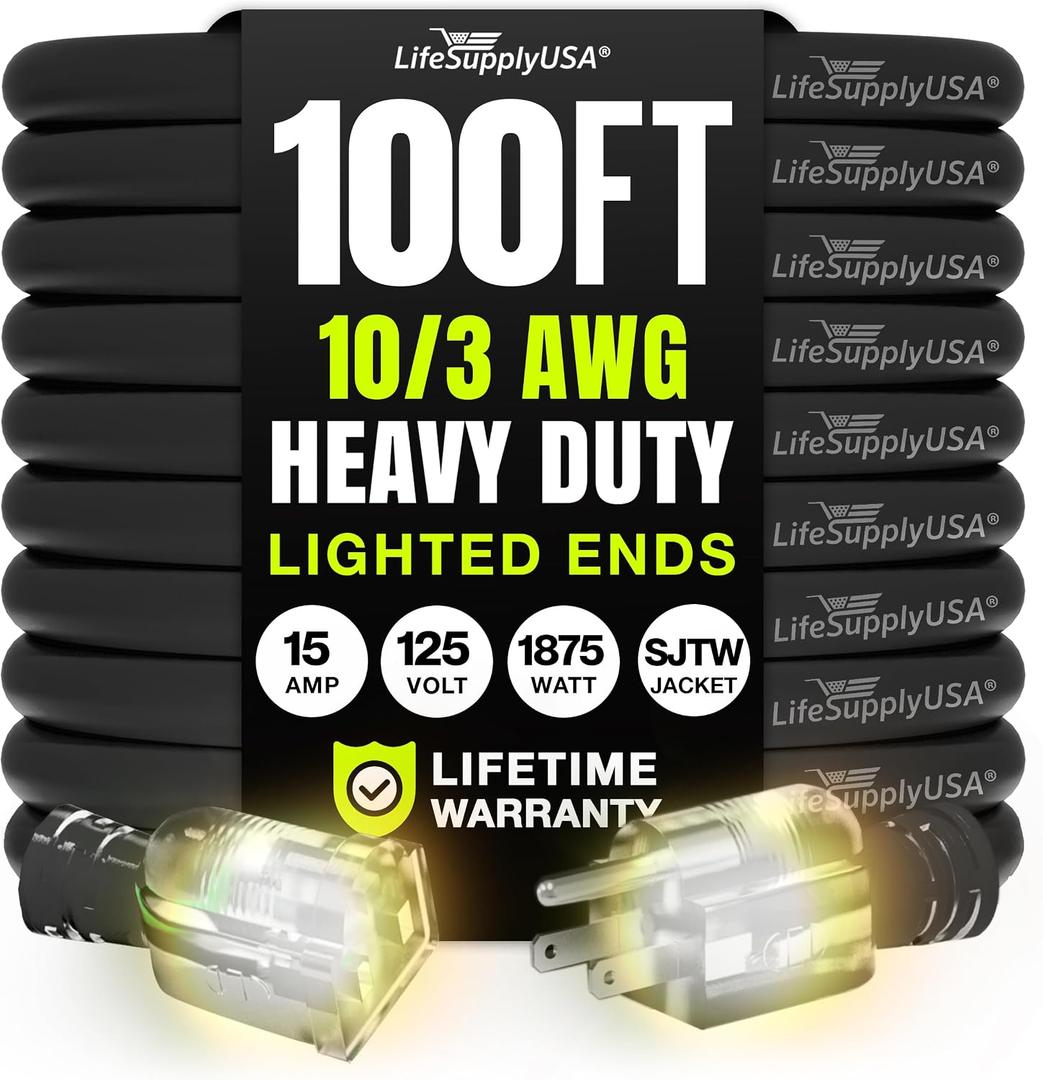 100ft Outdoor/Indoor Extension Cord 10/3 Gauge Ultra Heavy Duty 3 Prong SJTW, Waterproof, Flexible Cold-Resistant Long Power Cord,15A 125V 1875W, Black by LifeSupplyUSA