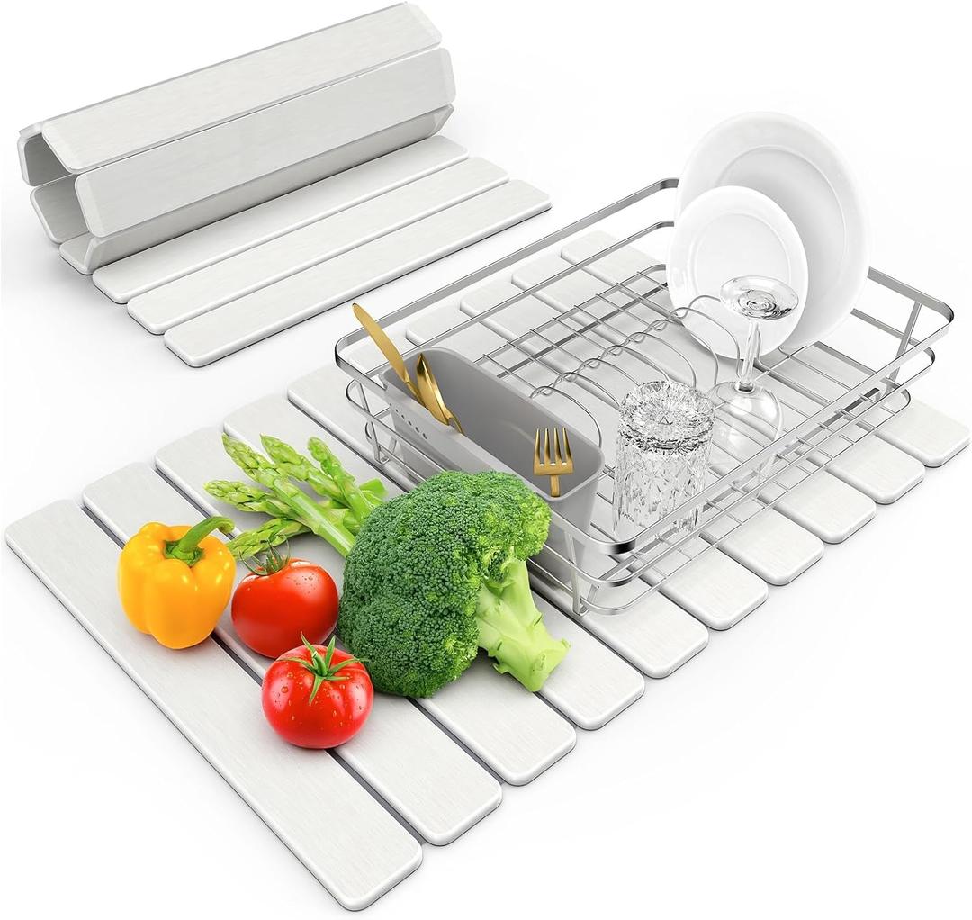 Large Stone Dish Drying Mat for Kitchen Counter, 24"(L)16"(W), Collapsible Quick Dry Stone Dish Mats, Super Absorbent Diatomaceous Earth Drying Pad for Dishes Bottles Cups, Any Countertop (White)