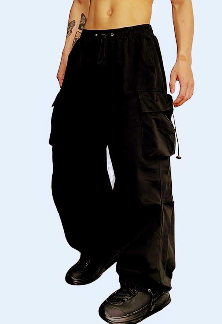 ZAFUL Flat Pocket Parachute Pants for Men Casual Baggy Cargo Pants Unisex Street Y2K Pants Drawstring Trouser, Color 1-black, Size XXL
