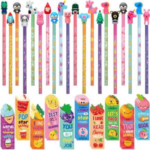 Teling 80 Pcs Scented Bookmarks and Smelly Pencils with Cute Toppers Set Fun Pencils Fruit Food Theme Scratch and Sniff Bookmarks Cartoon Pen Toppers for Kids Students Supplies (Cute Style)