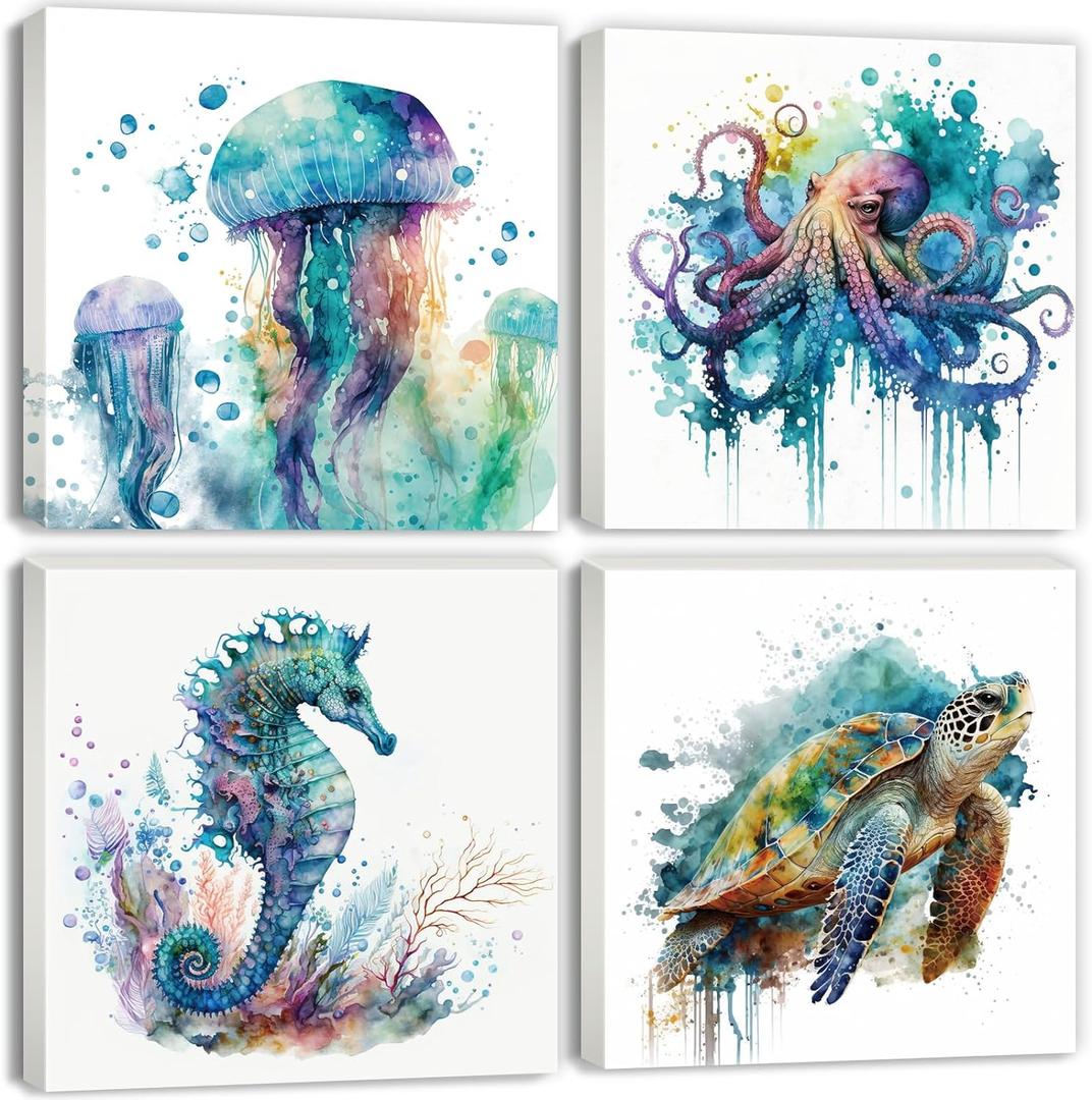 Watercolor Octopus Seaturtle Seahorse Jellyfish Wall Art Beach Bathroom Decor Sea Animal Canvas Pictures for Bedroom Living Room Home Decoration Ocean Marine Life Coastal Painting Artwork 12x12" 4 Pcs
