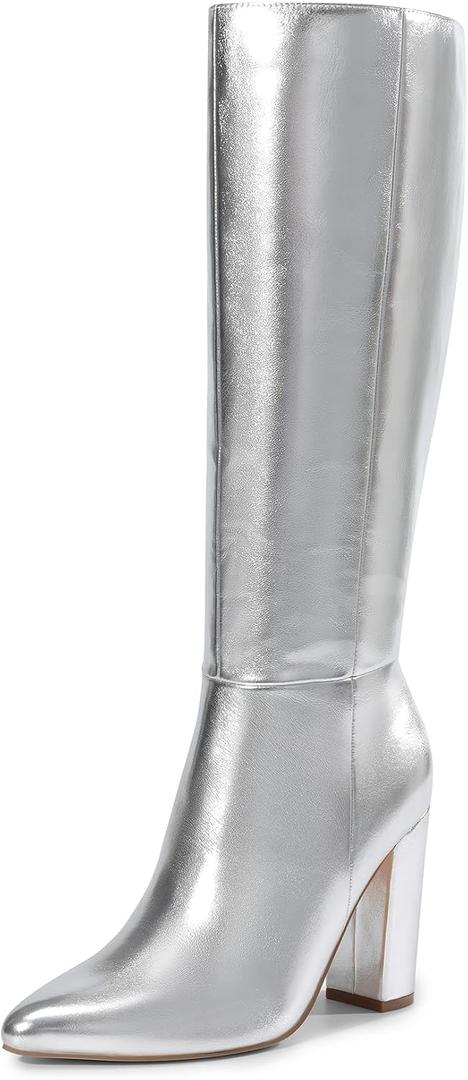 DREAM PAIRS Knee High Boots Women Chunky Heel Pointed Toe Tall Boots for Women Side Zipper Long Boots, Silver, Size 8