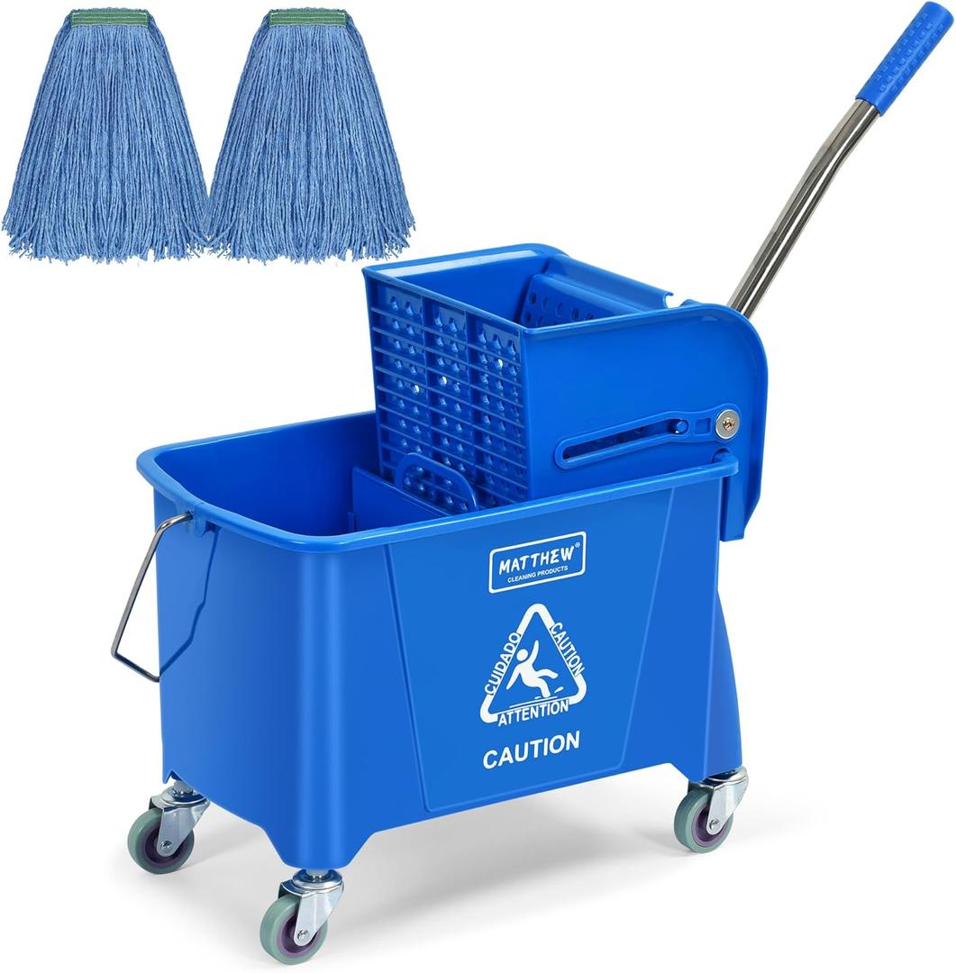 MATTHEW Cleaning Blue 22Quart Compact Mop Bucket INCL.2 Pcs Mop Head with Side Press Wringer On Wheels,Tandem Portable Floor Cleaning Wavebrake,Ideal for Household,Industrial,Restaurant,Janitorial Use
