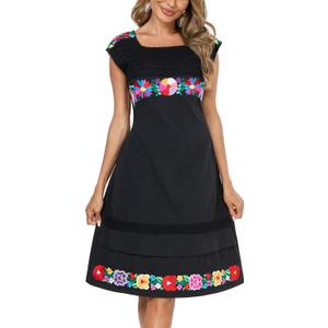 YZXDORWJ Women Mexican Embroidered Dress Short Sleeve (Small, 491bk)
