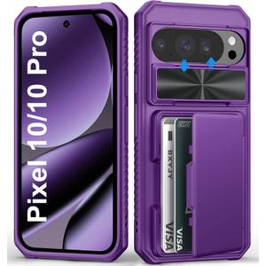 for Google Pixel 10 & 10 Pro Case with Camera Cover, Card Holder (4-5 Cards), Military Drop & RFID Protection, Rugged Shockproof Men Women Phone Case for Pixel 10 & 10 Pro, Dark Purple