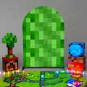 FiVan 7.2x4ft Green Pixel Arch Backdrop, Video Game Theme Party Background for Gamer Birthday Party, Kids' Gaming Event Decorations, Photo Booth Prop