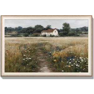 LAIART Framed Canvas Wall Art, Flowers on the Meadow, Modern Farmhouse Decoration, Rustic Landscape Canvas Print 16x24 inches