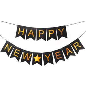 Happy New Year's Decorations Banner 2026, Black Gold New Years Eve Party Supplies for NYE Decorations Photo Props for Home Wall Fireplace Mantel Fireplace