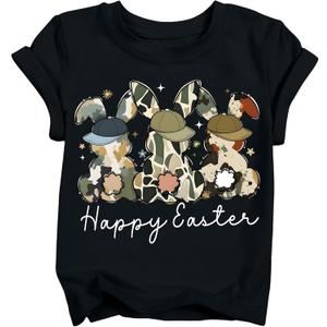 Boys Easter Shirt Toddler Bunny Rabbit & Egg Hunt Graphic T-Shirts Kids Happy Easter Lettering Tops 2026 (3T-10T) (Black)