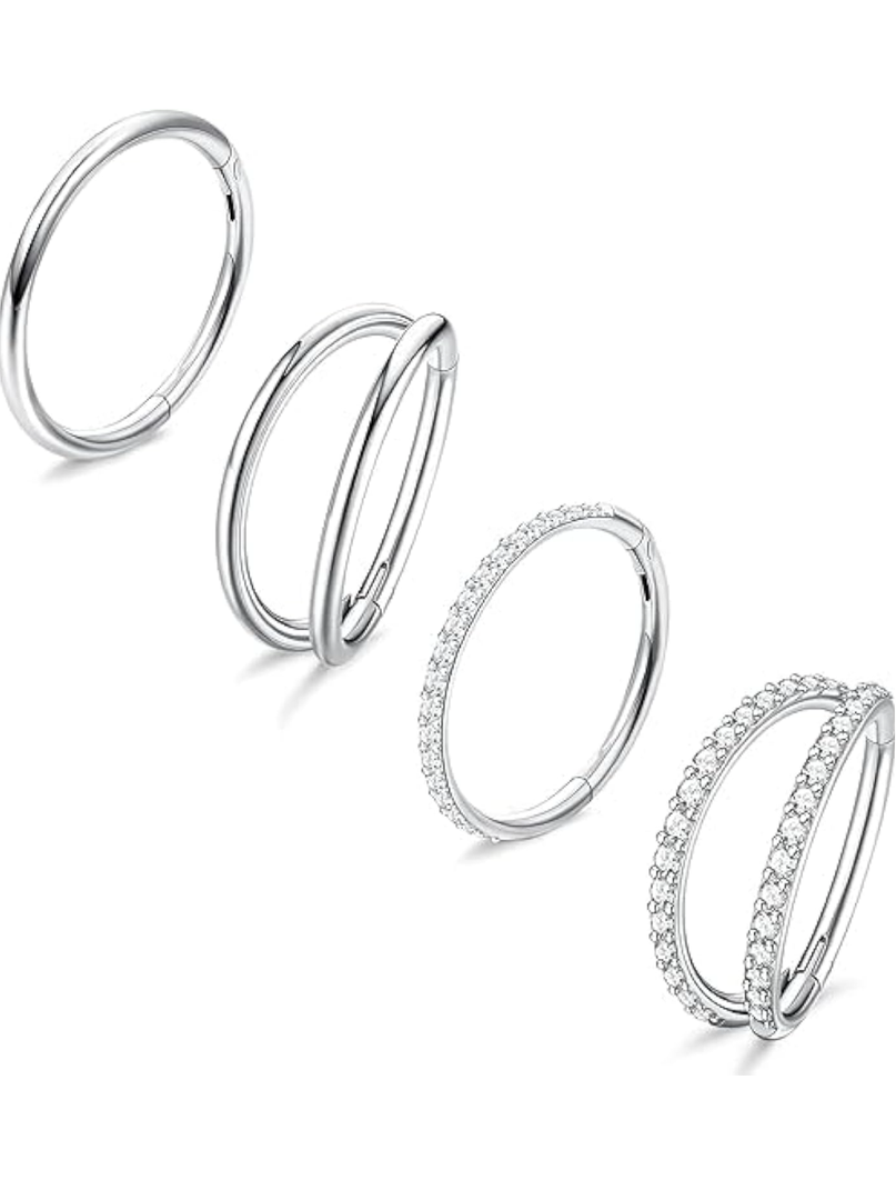 Dochais 4PCS 18G Nose Rings Hoops, Surgical Steel Earrings Tragus Septum Piercing CZ Clicker Ring, Hinged Segment Conch Lip Cartilage Double Hoops 8mm 10mm For Women Men