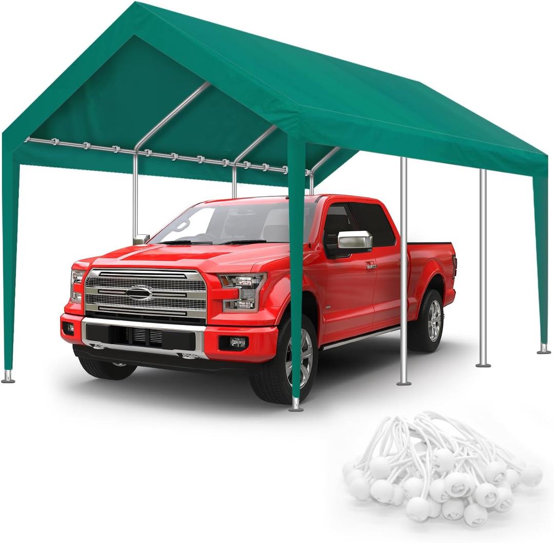 10x20FT Carport Canopy Replacement Cover Heavy Duty Waterproof & UV Protected, All Weather Car Shade Canopy with Ball Bungees (Green, 10'x20')