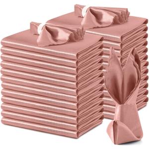 VACVELT 24 Pack Rose Gold Satin Napkins - 17x17 Inch Scalloped Wedding Dinner Napkins for Restaurant Banquet Graduation Party