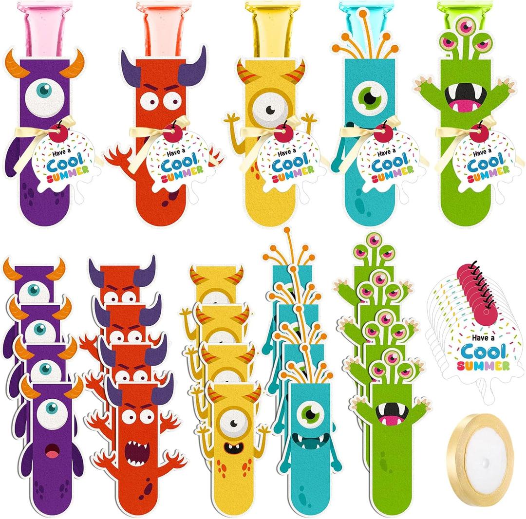 25 Set End of Year Gifts Ice Pop Holder Bulk Felt Freeze Pop Sleeves Bags Cool Summer Cards with Ribbon for Graduation Ice Cream Pool Birthday Party Favor (Monster)