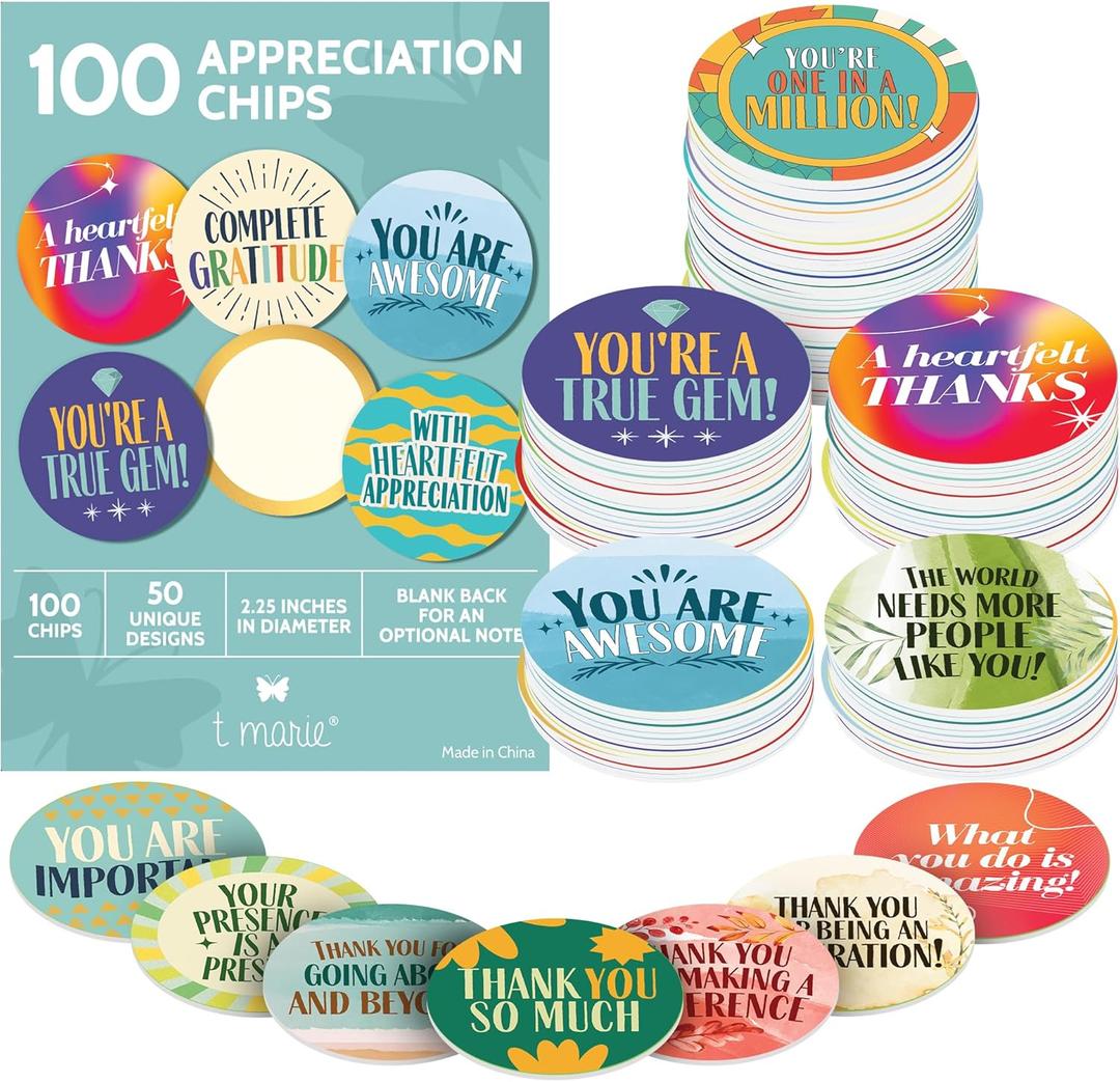 T MARIE 100 Mini Bulk Appreciation Gifts - 2.25 Token of Appreciation Chips for Employee Appreciation Week, Staff, Nurses, Teachers, Students and More - Share Kindness, Recognition and Motivation