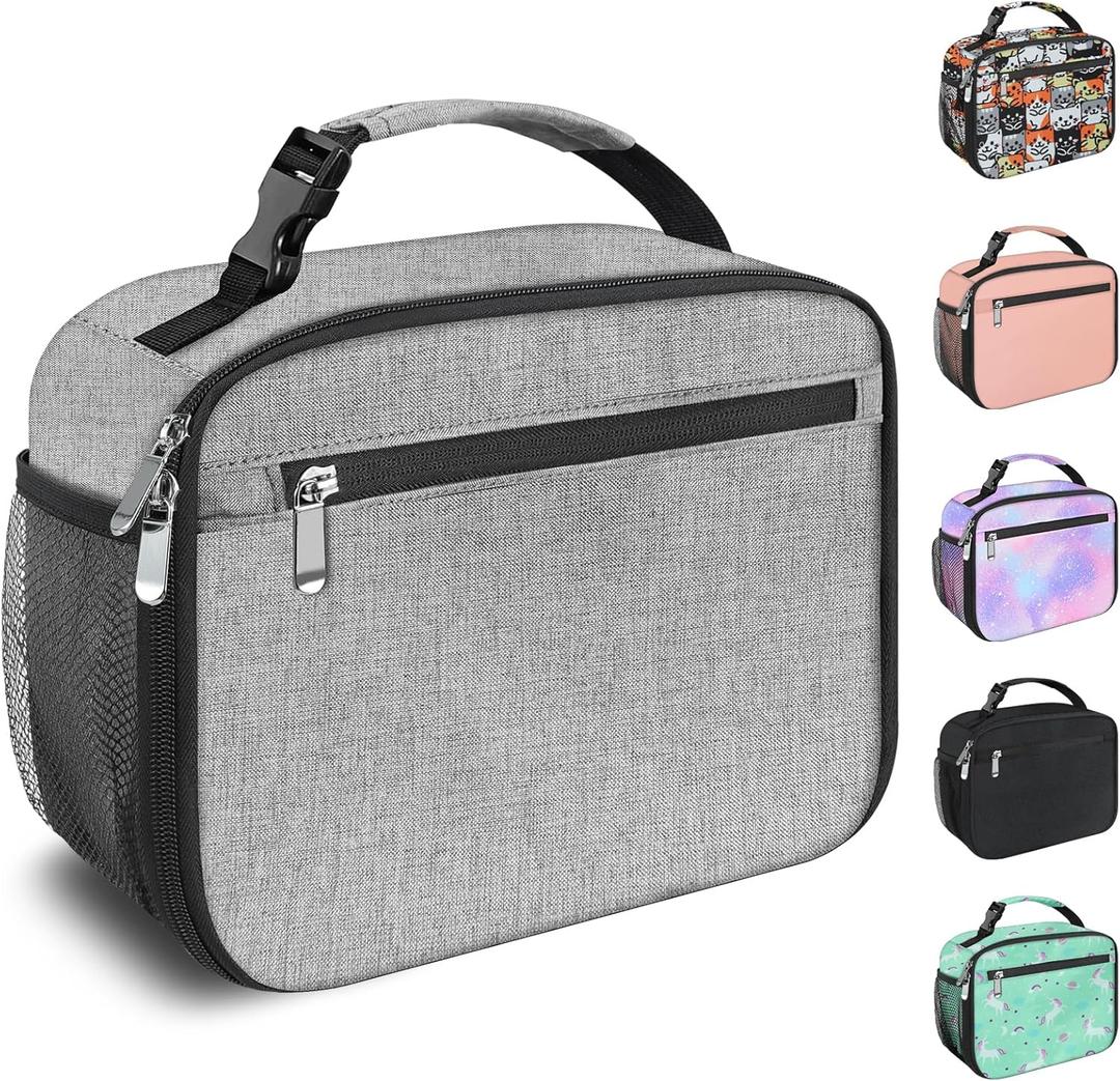 Kids Lunch Box for Boys, Girls Lunch Bag, Insulated Durable Lunchbox, Children Lunch Tote Bag for School, Grey