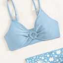 COZYEASE Girls' 3 Piece Bikini Set Ditsy Floral Print Wireless Swimsuit with Beach Skirt (Blue)