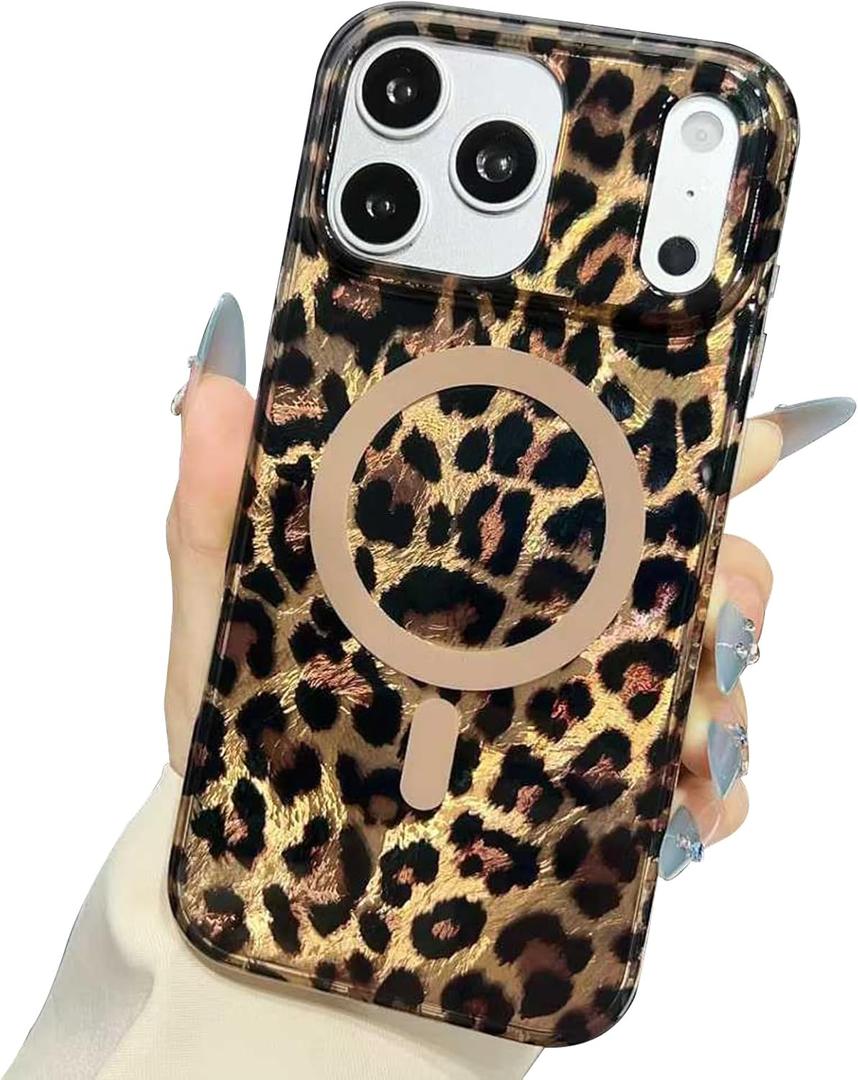 Jmltech for iPhone 17 Pro Max Magnetic Case Cheetah Print Leopard Aesthetic Bling Case Cute Clear Silicone Shockproof Protective Phone Cases Gold, Leopard