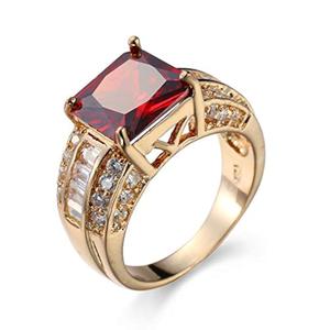 18K Yellow Gold Plated Silver Red Created Ruby Halo Ring For Women Fashion Cushion Cut Luxury Engagement Wedding CZ Ring Birthday Jewelry Gifts US Code 7