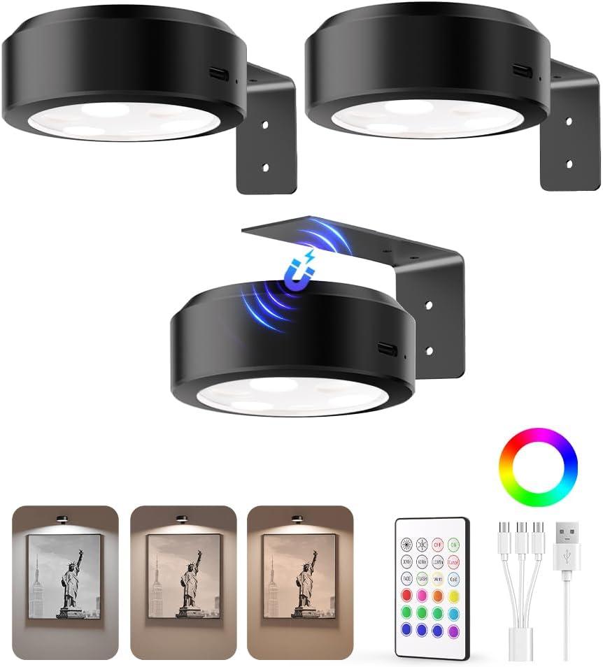 EZVALO Picture Lights for Wall, 2000mAh Rechargeable Battery Magnetic Poster Lights with 3 Color Temps & 12 RGB, Remote Dimmable Timer Painting Light, Wall Decor Light for Art Display, Frame (3 Pack) (Black)