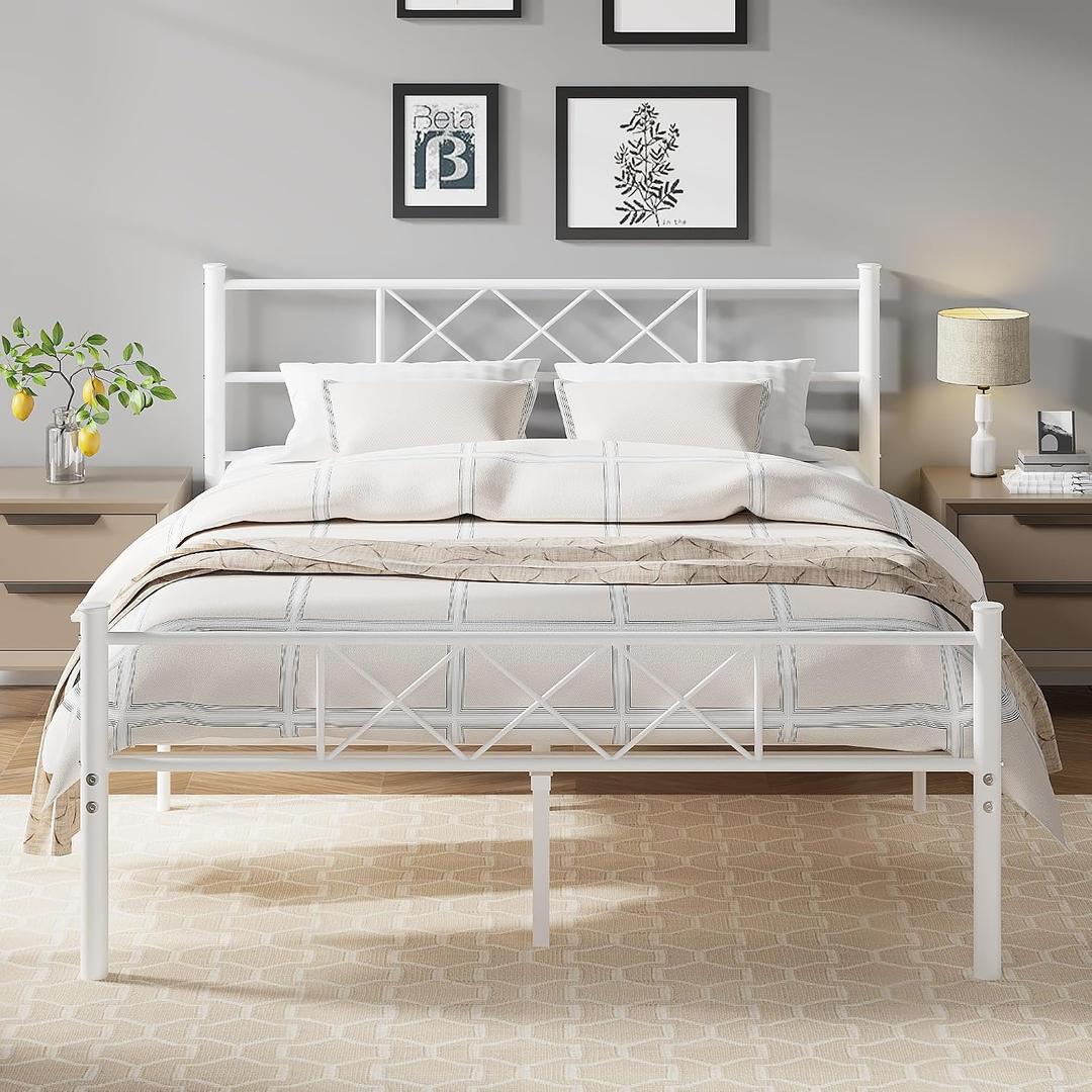 VECELO Full Size Bed Frame with Headboard, Heavy Duty Bedframe with Strong Metal Slats, No Box Spring Needed & Easy Assembly, Pure White